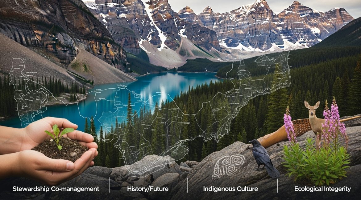 A composite image of a Canadian mountain lake landscape, featuring hands holding a sapling (Stewardship), a historic map (History), a raven on a petroglyph (Indigenous Culture), and a deer with wildflowers (Ecological Integrity).