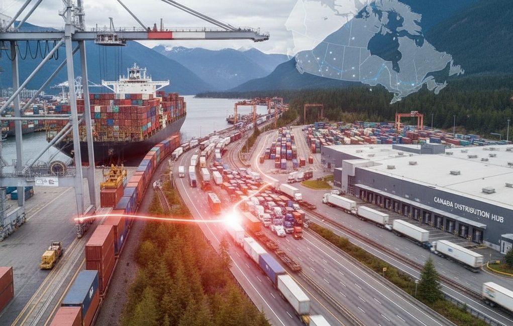 A composite image of a busy Canadian port with a container ship, trains, and trucks, with a digital map of Canada's trade corridors, symbolizing the national supply chain.