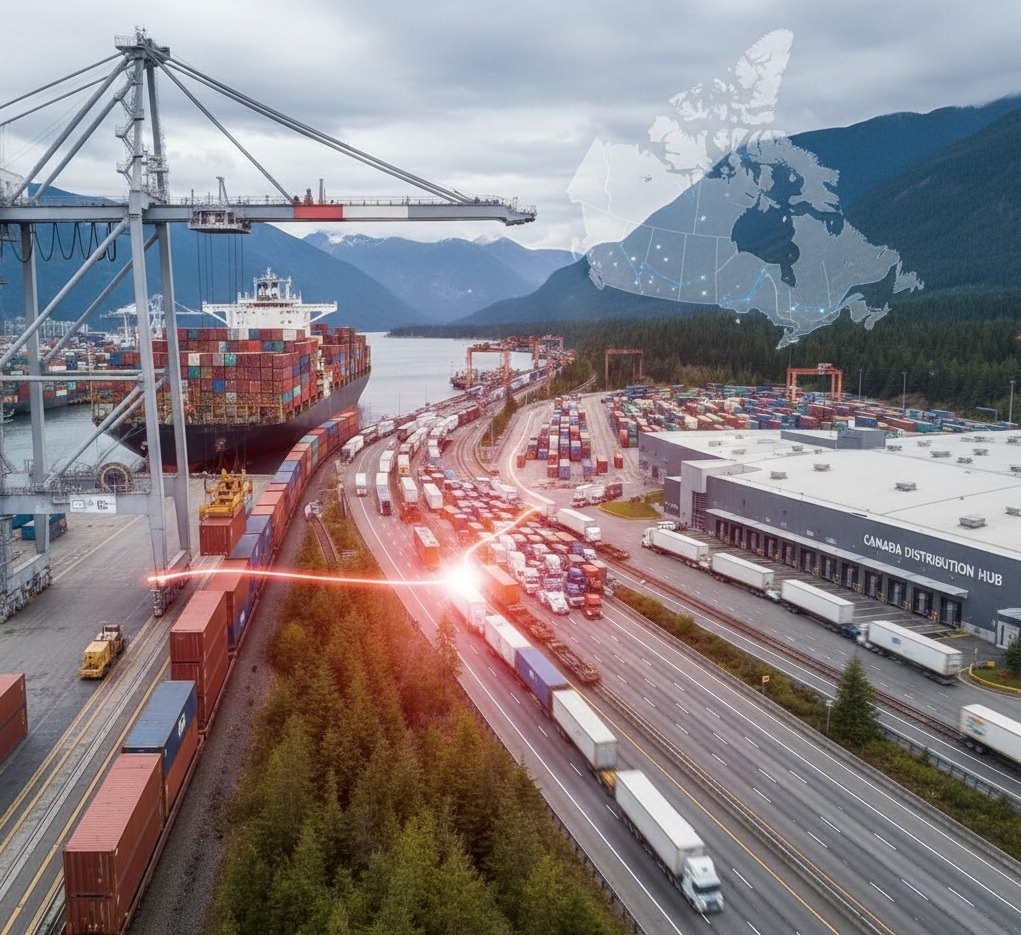 A composite image of a busy Canadian port with a container ship, trains, and trucks, with a digital map of Canada's trade corridors, symbolizing the national supply chain.