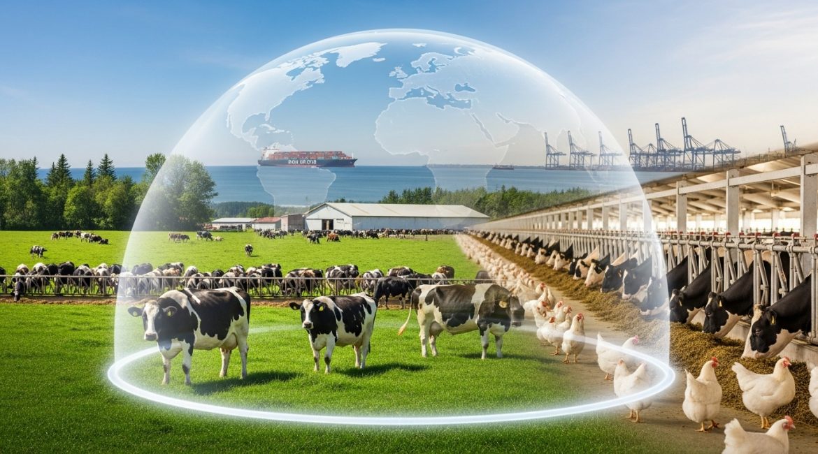 A conceptual image showing a vibrant Canadian dairy and poultry farm enclosed within a transparent, glowing dome, symbolizing supply management. In the background, a cargo ship and port represent global trade.