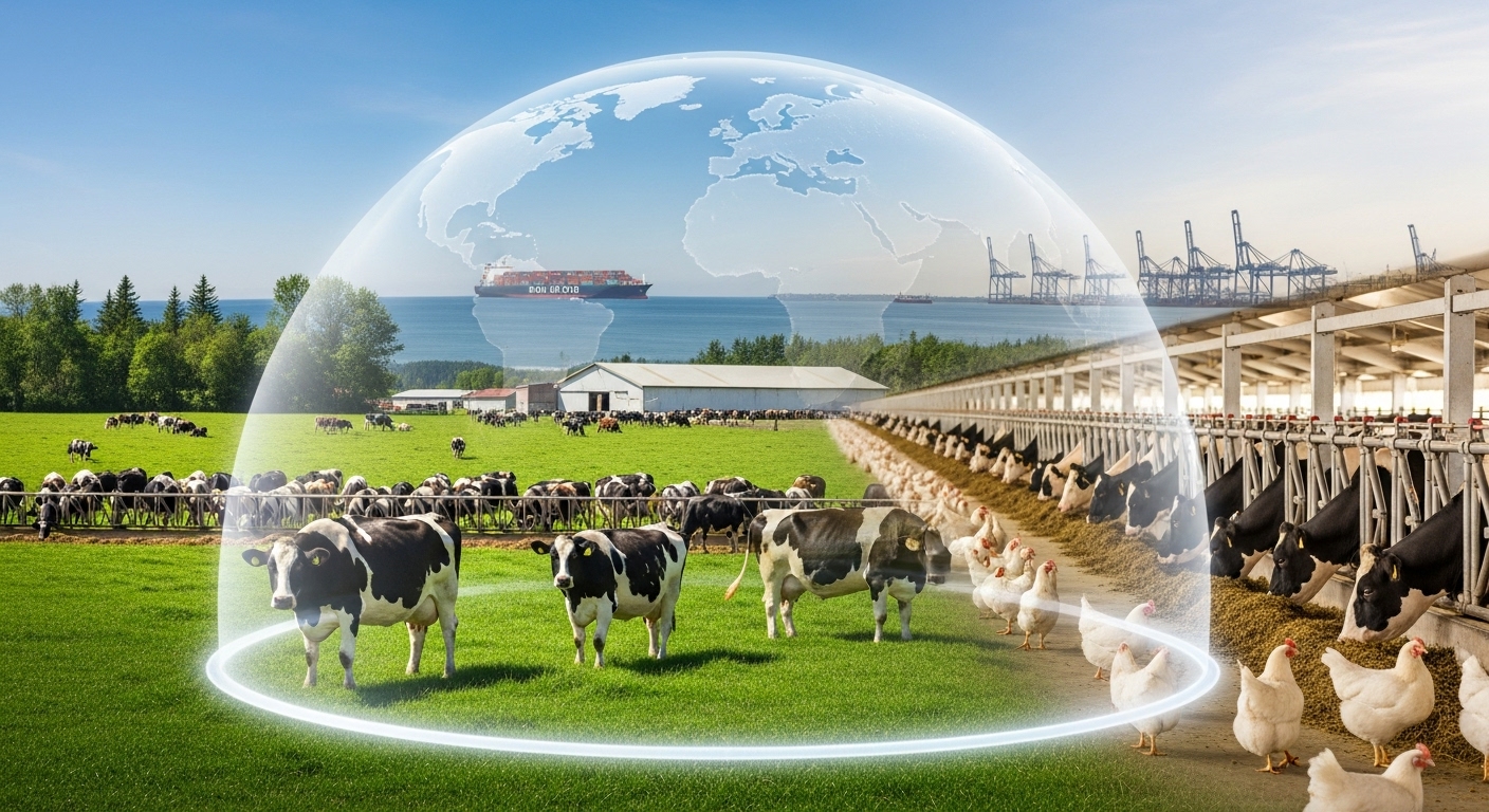 A conceptual image showing a vibrant Canadian dairy and poultry farm enclosed within a transparent, glowing dome, symbolizing supply management. In the background, a cargo ship and port represent global trade.