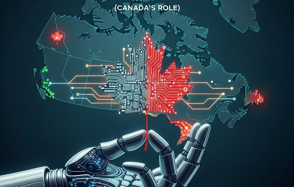 A robotic hand holds up a circuit board in the shape of a maple leaf, superimposed over a map of Canada, illustrating the article "AI EXPLAINED (CANADA'S ROLE)".
