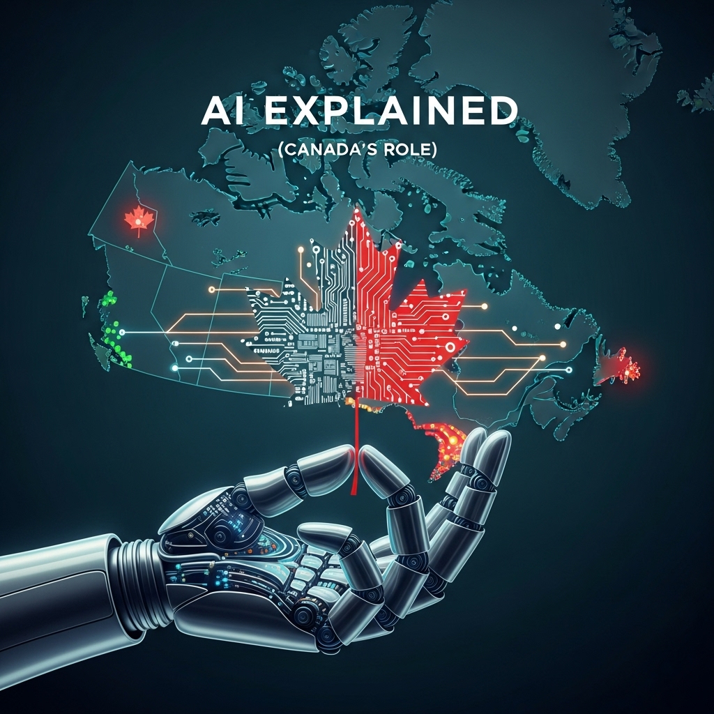 A robotic hand holds up a circuit board in the shape of a maple leaf, superimposed over a map of Canada, illustrating the article "AI EXPLAINED (CANADA'S ROLE)".