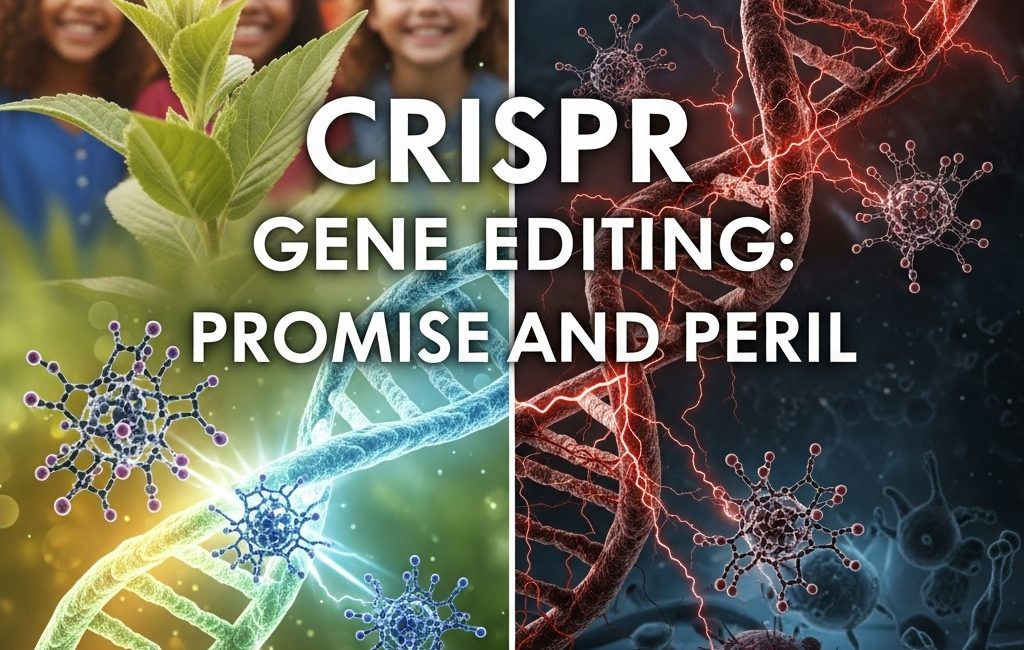 Split image illustrating the promise versus the peril of CRISPR gene editing. The 'promise' side shows a bright, healthy DNA helix and children, while the 'peril' side shows a dark, corrupted DNA helix.