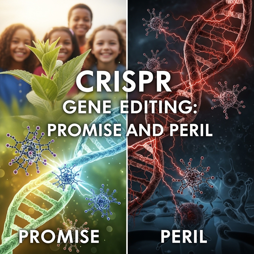 Split image illustrating the promise versus the peril of CRISPR gene editing. The 'promise' side shows a bright, healthy DNA helix and children, while the 'peril' side shows a dark, corrupted DNA helix.