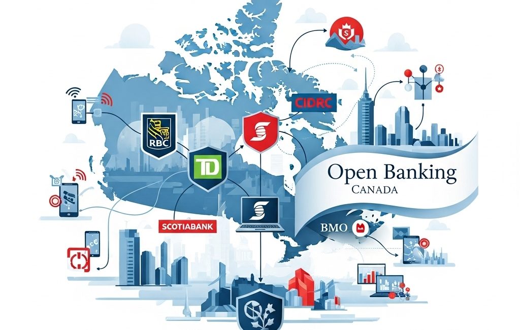 A map of Canada showing the logos of major banks like RBC, TD, and BMO connected by a network, illustrating the concept of Open Banking in Canada.