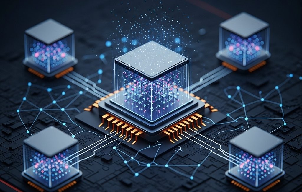 A conceptual image with the text 'QUANTUM COMPUTING EXPLAINED' above a glowing, futuristic quantum processor chip on a circuit board, connected to other smaller chips.