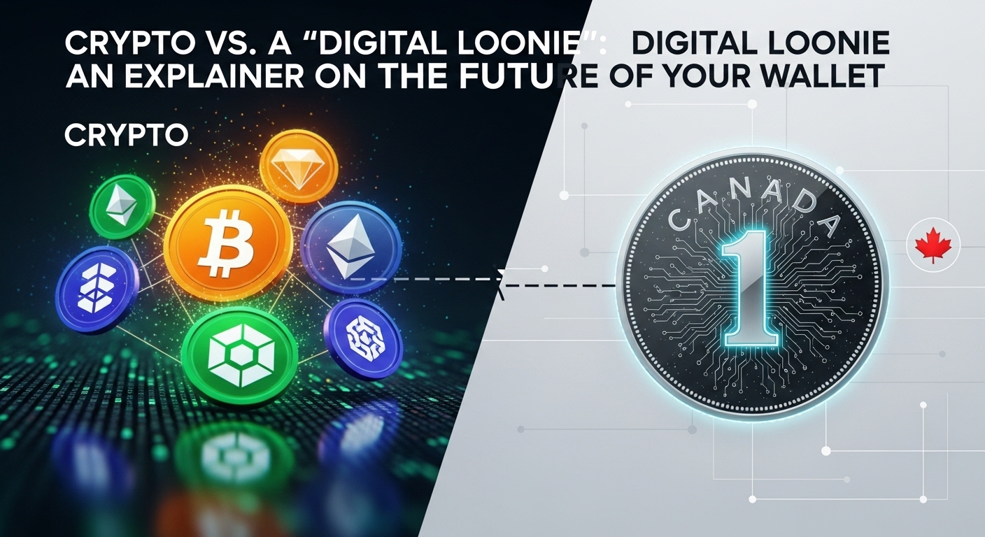 A split-screen image comparing a collage of cryptocurrency logos on the left with a futuristic Canadian one-dollar coin (loonie) with circuit board patterns on the right.