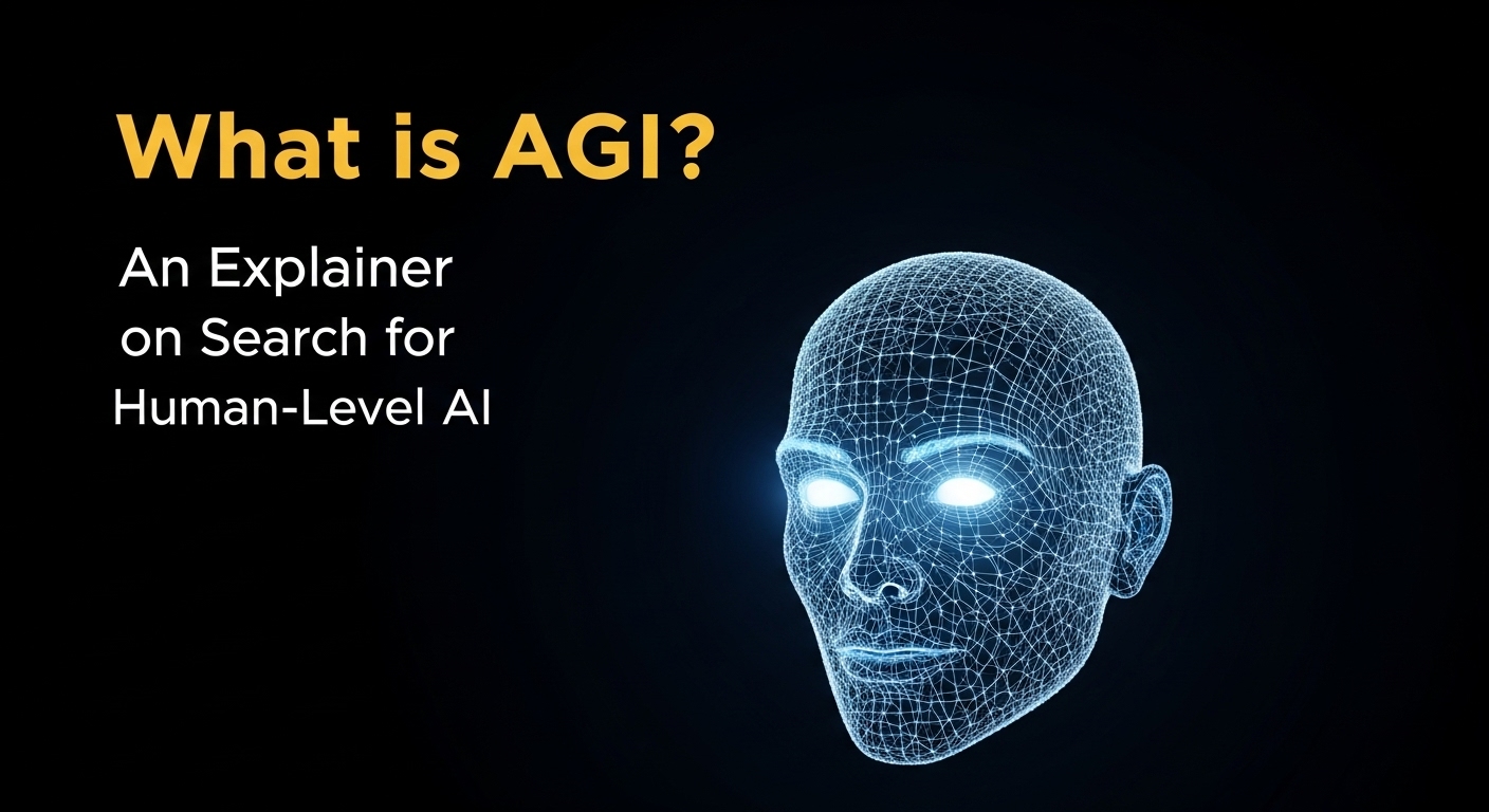 A wireframe head with glowing blue eyes against a black background, with the text 'What is AGI? An Explainer on Search for Human-Level AI', symbolizing the concept of Artificial General Intelligence.
