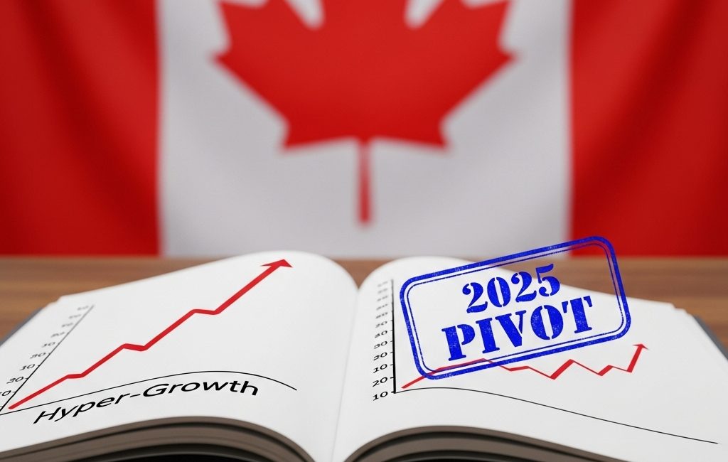 An open document on a desk showing a red graph line labeled "Hyper-Growth" on the left and a blue stamp labeled "2025 PIVOT" on the right, symbolizing Canada's immigration policy shift.