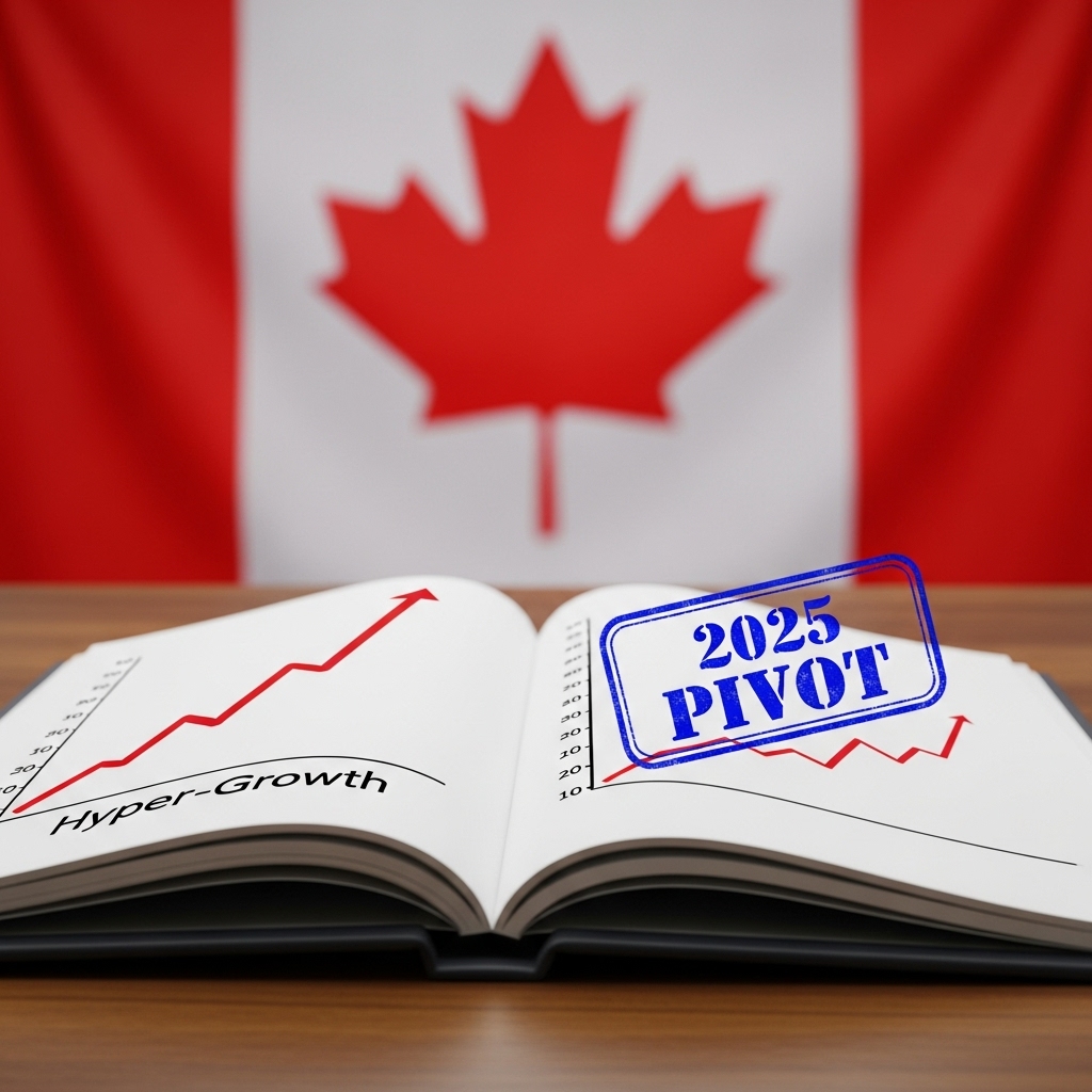 An open document on a desk showing a red graph line labeled "Hyper-Growth" on the left and a blue stamp labeled "2025 PIVOT" on the right, symbolizing Canada's immigration policy shift.