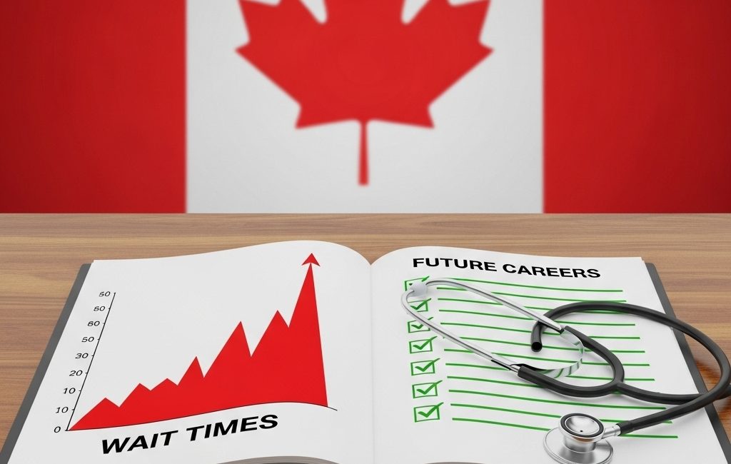 A symbolic image of a map of Canada with a medical cross cut out of it. Inside the cutout, bright silhouettes of students and medical professionals step forward to fill the gap.