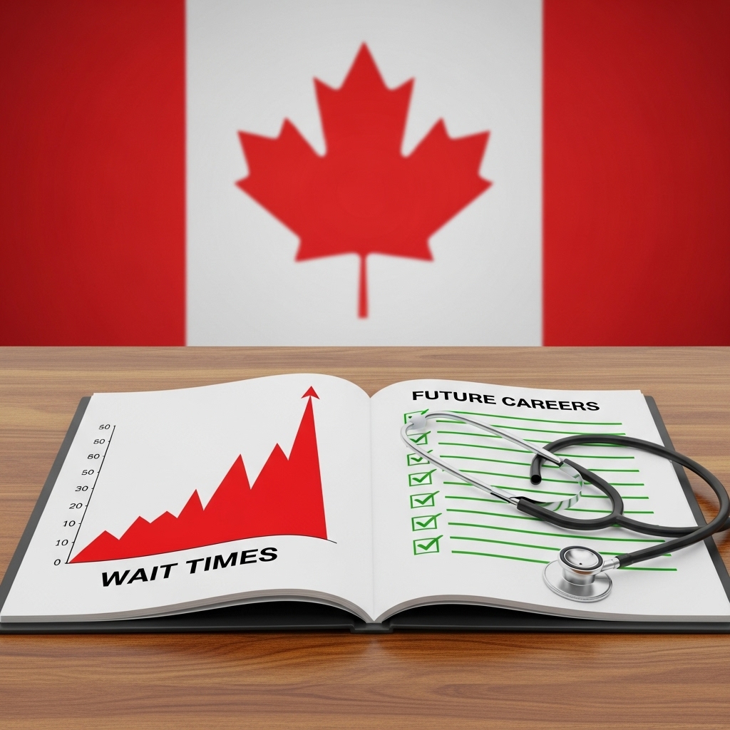 A symbolic image of a map of Canada with a medical cross cut out of it. Inside the cutout, bright silhouettes of students and medical professionals step forward to fill the gap.