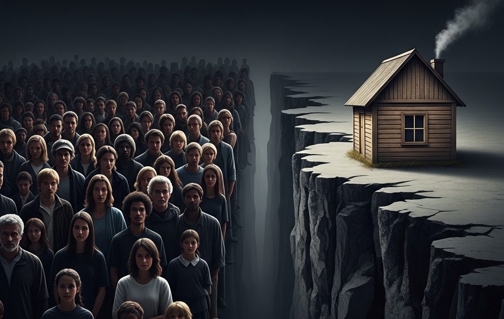 A symbolic image showing a massive crowd of people on one side of a chasm and a single small house on the other, representing the Canadian housing supply gap.
