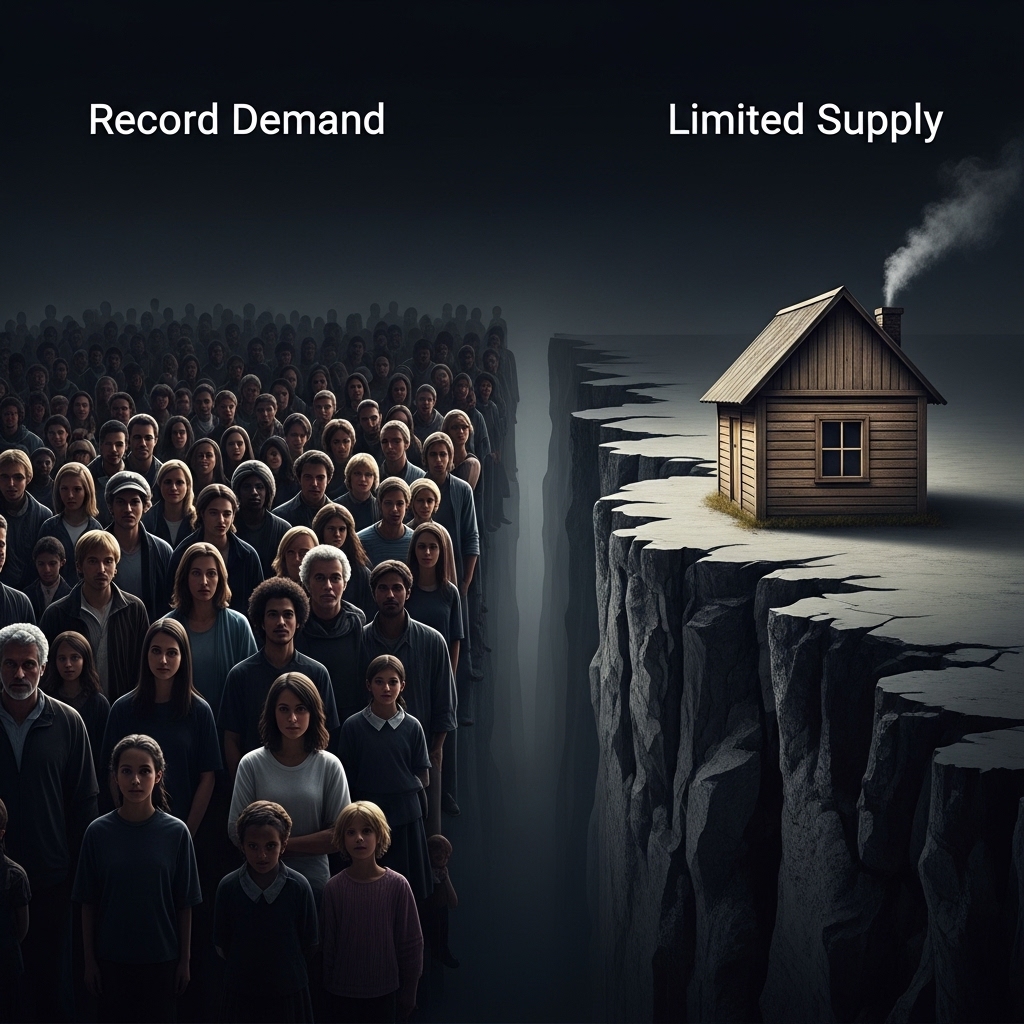 A symbolic image showing a massive crowd of people on one side of a chasm and a single small house on the other, representing the Canadian housing supply gap.