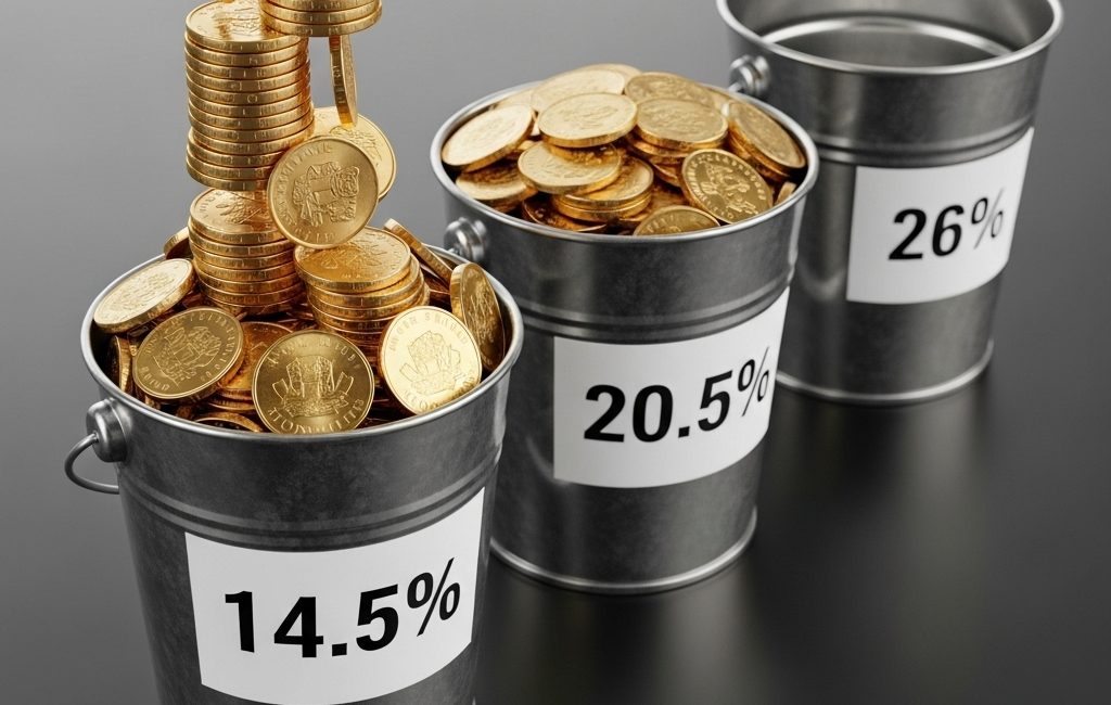 A symbolic image explaining Canadian tax brackets with the "bucket" analogy, showing coins overflowing from a 14.5% bucket into a 20.5% bucket.
