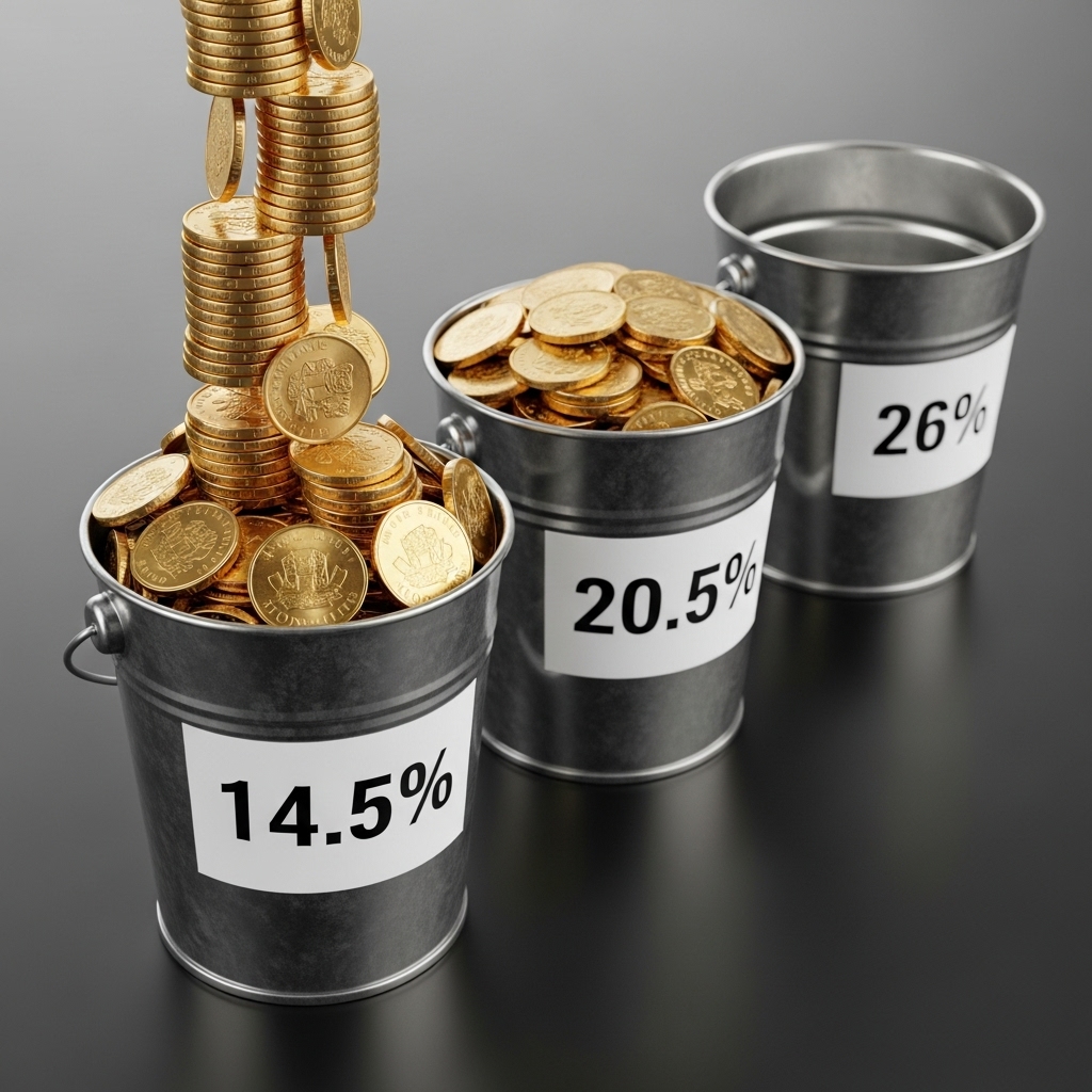 A symbolic image explaining Canadian tax brackets with the "bucket" analogy, showing coins overflowing from a 14.5% bucket into a 20.5% bucket.
