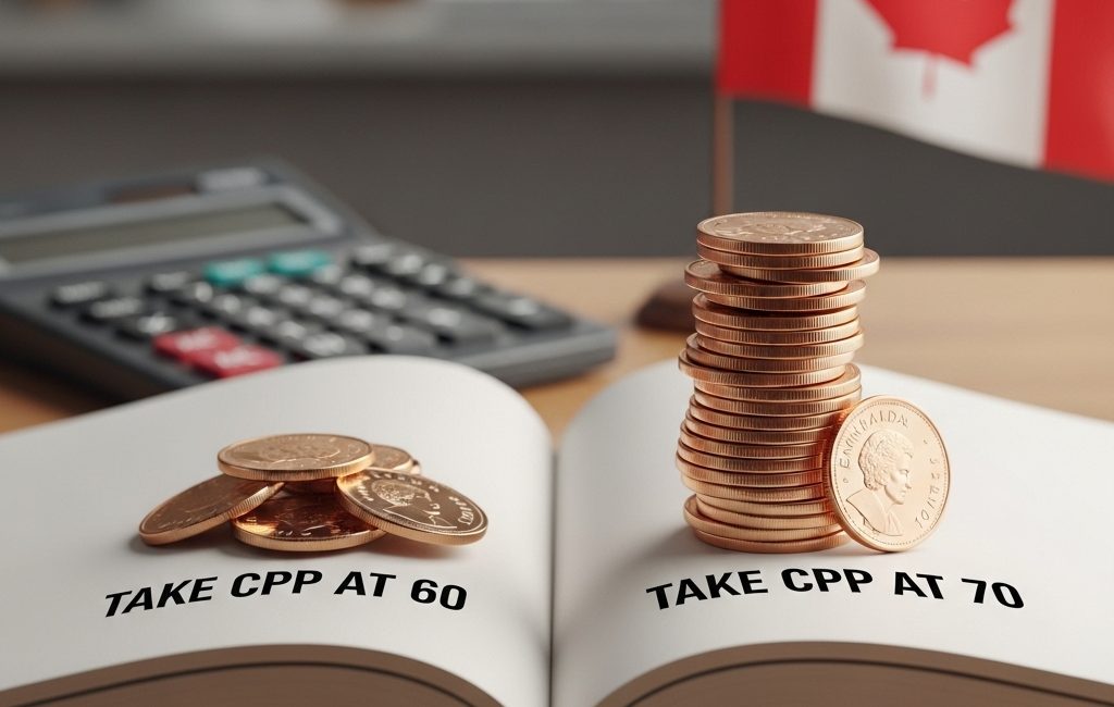 A symbolic image showing a calculator and two stacks of Canadian coins. The stack labeled 'AGE 60' is much shorter than the stack labeled 'AGE 70,' explaining the CPP decision.