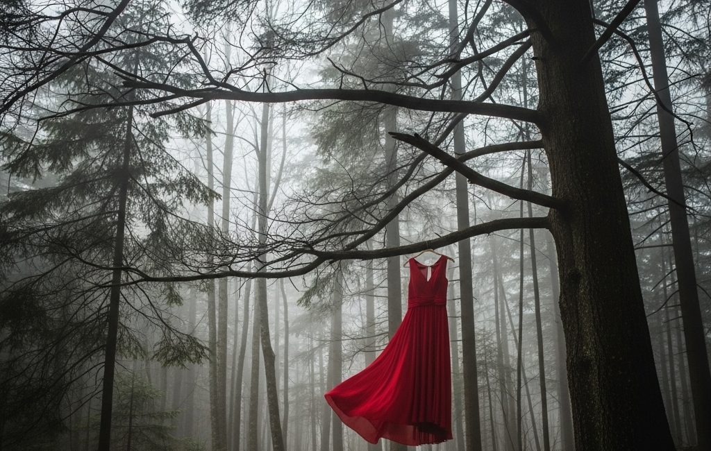 A single red dress, the symbol for MMIWG, hangs from a tree branch in a somber, misty forest, representing the 231 Calls for Justice.