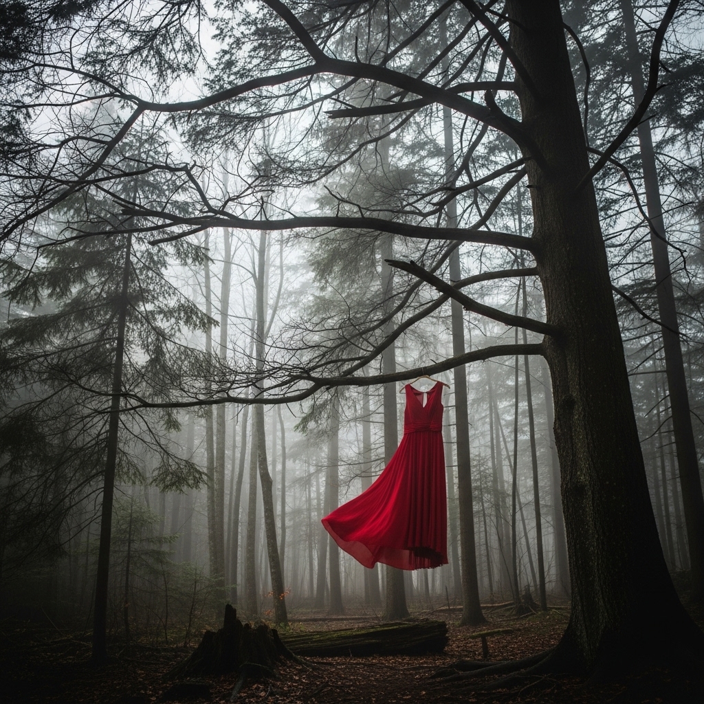 A single red dress, the symbol for MMIWG, hangs from a tree branch in a somber, misty forest, representing the 231 Calls for Justice.
