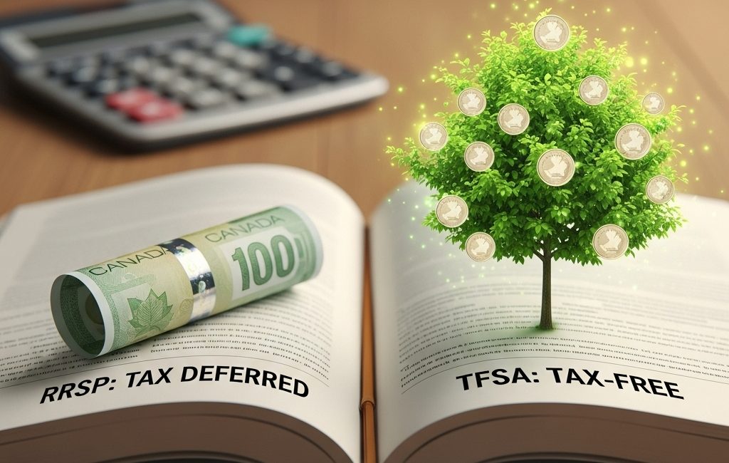 Two glass jars, one labeled 'RRSP' (foggy) and one 'TFSA' (clear, with a plant), explaining the 'RRSP vs. TFSA' debate on tax-deferred vs. tax-free growth.