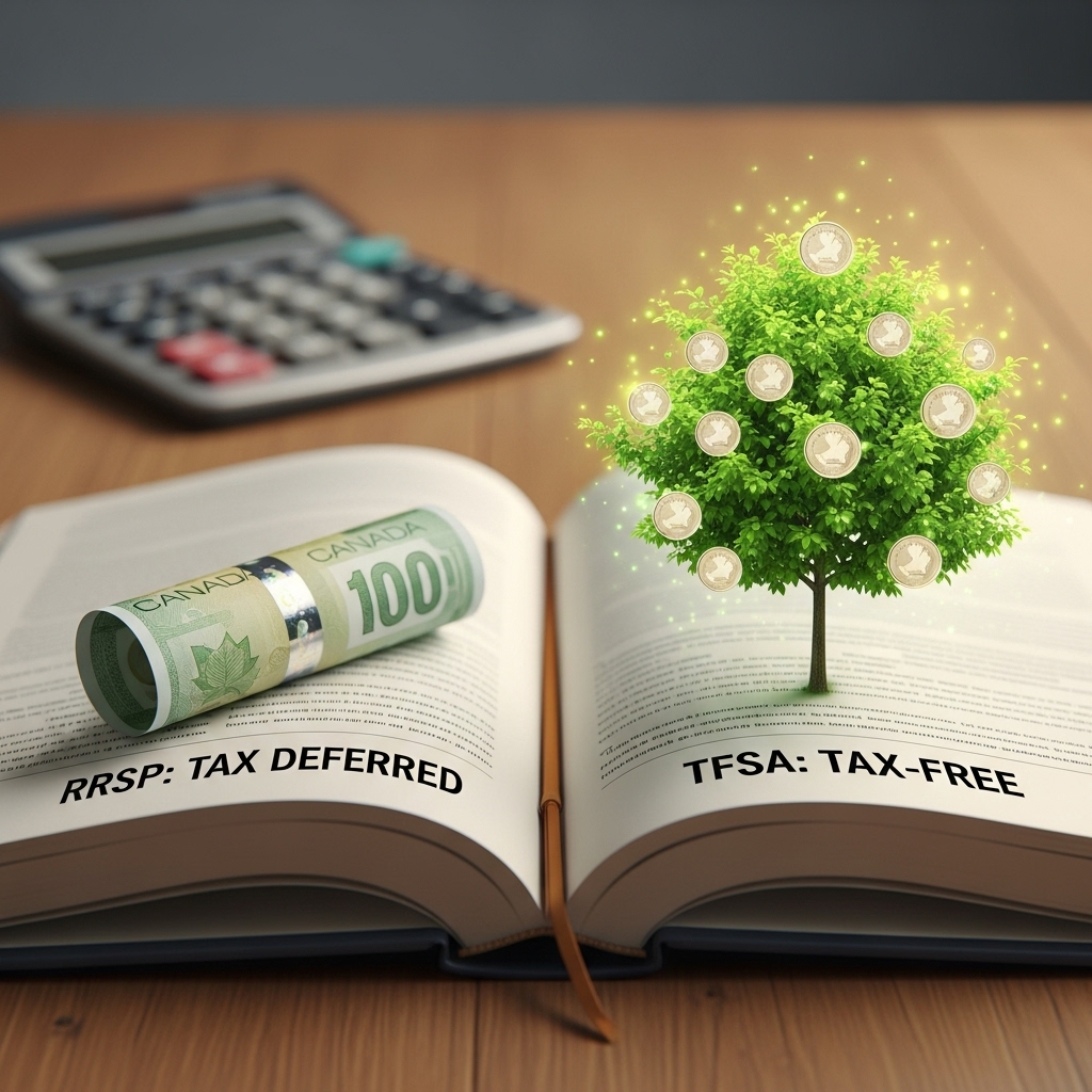 Two glass jars, one labeled 'RRSP' (foggy) and one 'TFSA' (clear, with a plant), explaining the 'RRSP vs. TFSA' debate on tax-deferred vs. tax-free growth.