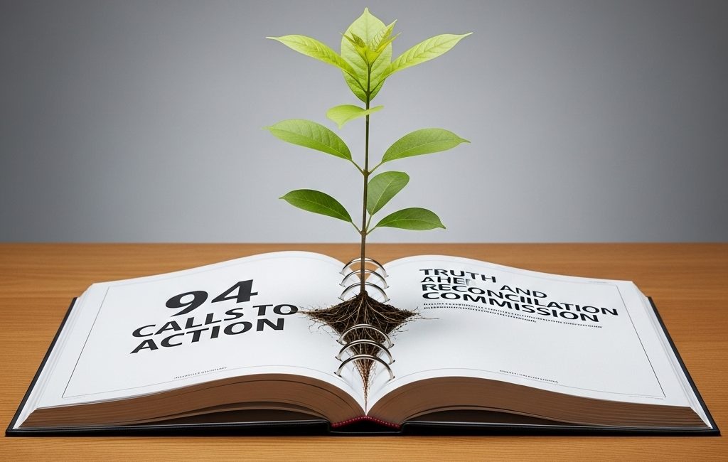 An open book on a wooden table, titled '94 CALLS TO ACTION' and 'TRUTH AND RECONCILIATION COMMISSION,' with a small green sapling growing up from its spine.