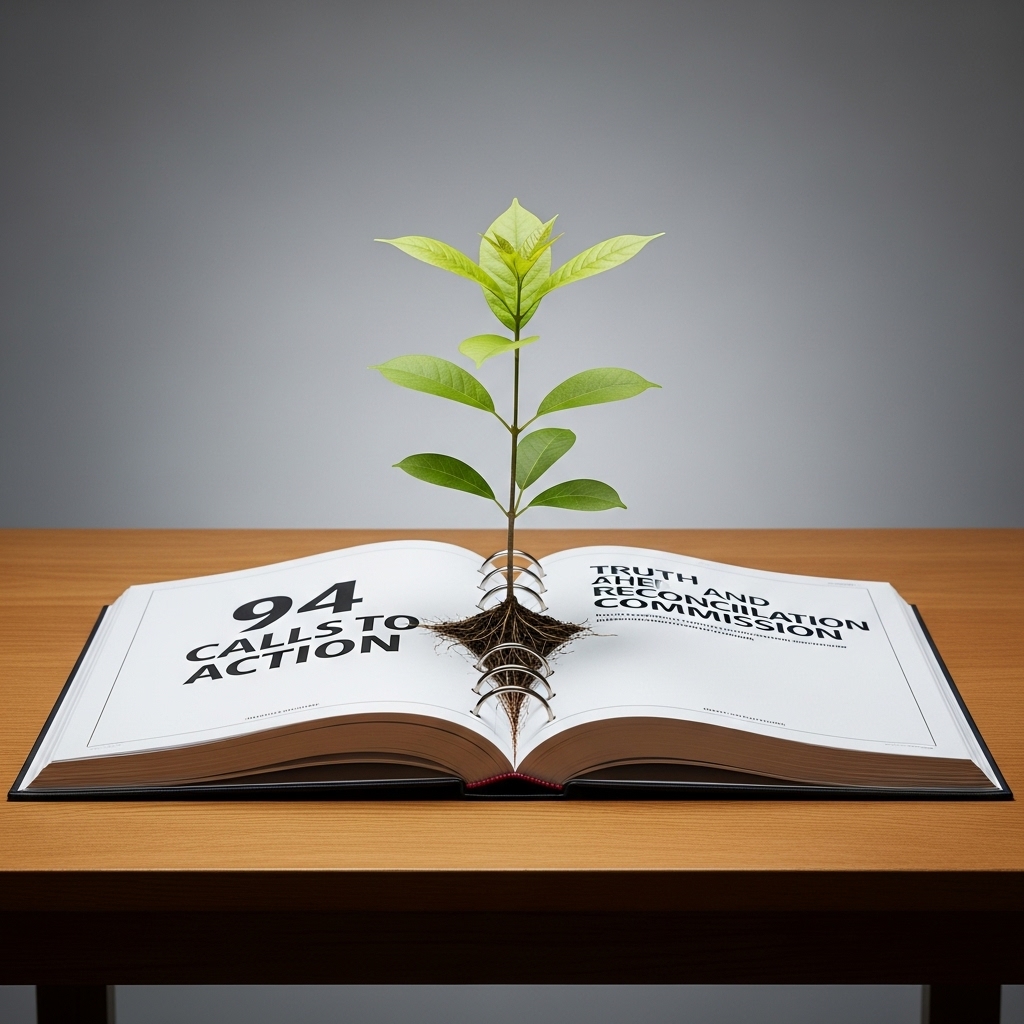 An open book on a wooden table, titled '94 CALLS TO ACTION' and 'TRUTH AND RECONCILIATION COMMISSION,' with a small green sapling growing up from its spine.