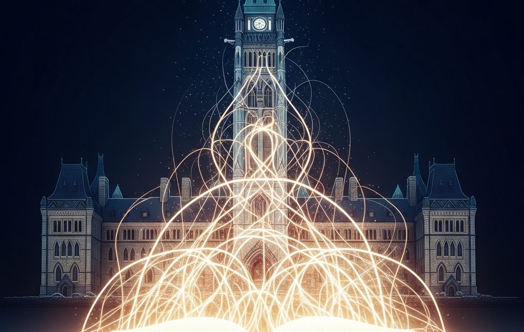 An open book, representing the UNDRIP Act, with glowing lines of light streaming up towards the Canadian Parliament Buildings, symbolizing the law's connection to government.