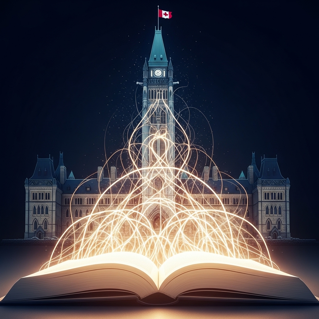 An open book, representing the UNDRIP Act, with glowing lines of light streaming up towards the Canadian Parliament Buildings, symbolizing the law's connection to government.