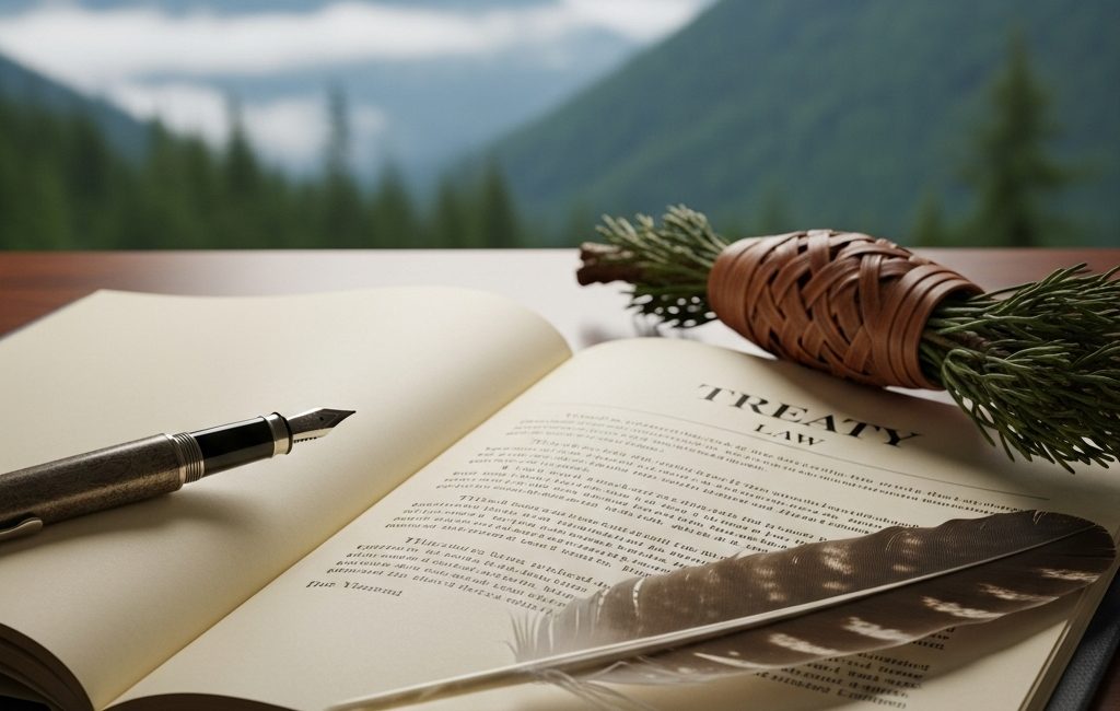 A symbolic image featuring an antique fountain pen and an eagle feather resting on a treaty document, representing the balance between Canadian law and Indigenous sovereignty.