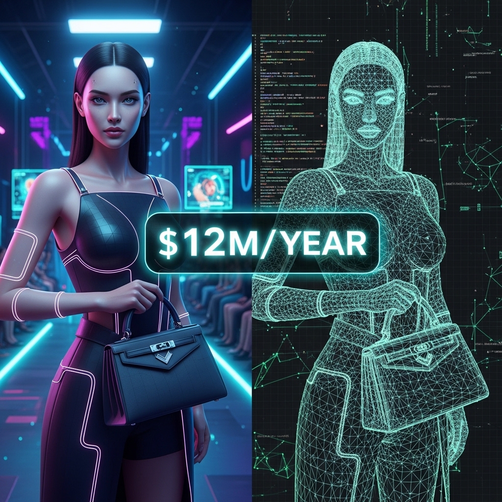 Split-screen comparison of a photorealistic AI fashion model holding a luxury bag versus her wireframe code mesh, illustrating the 2026 Ad Standards Canada requirement for #VirtualImage disclosure.