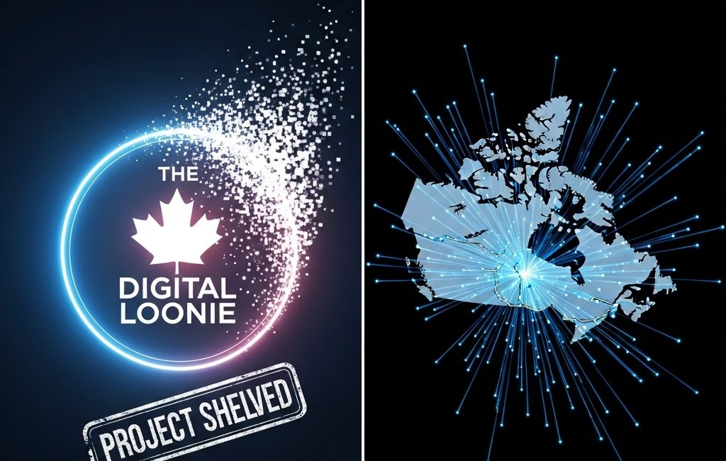 A conceptual digital illustration showing the cancellation of the Bank of Canada Digital Loonie (CBDC) contrasted with the launch of the new Real-Time Rail (RTR) payment system.