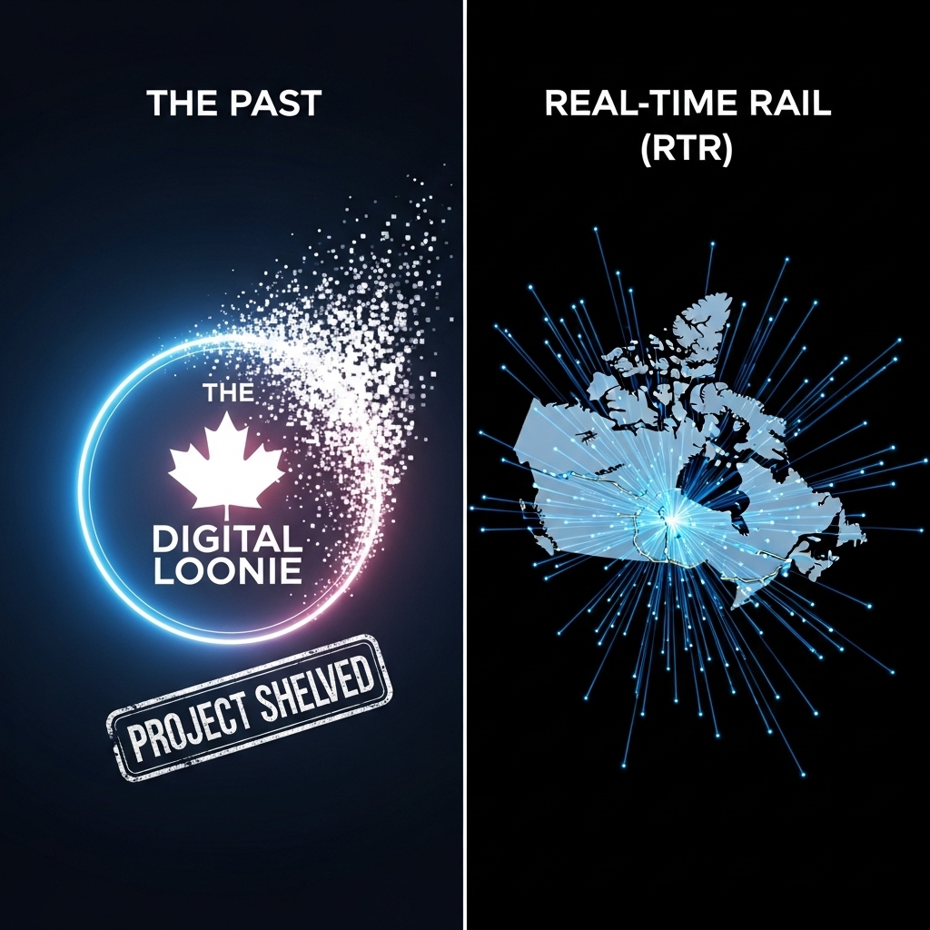 A conceptual digital illustration showing the cancellation of the Bank of Canada Digital Loonie (CBDC) contrasted with the launch of the new Real-Time Rail (RTR) payment system.