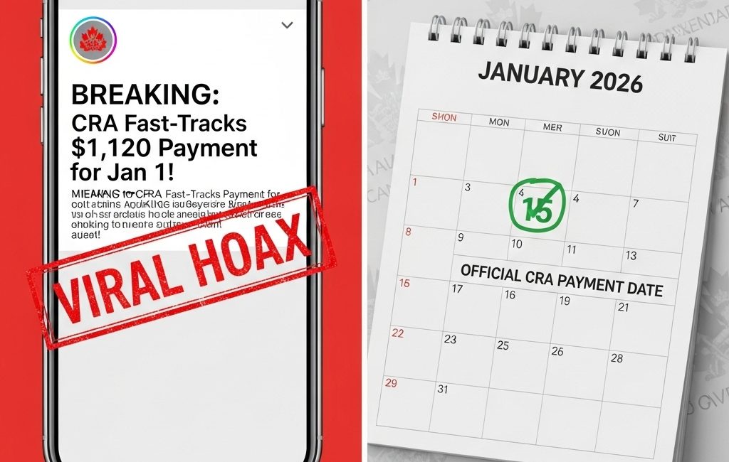 A split-screen comparison showing a viral social media post claiming a fake Jan 1st payment next to an official CRA calendar circling January 15, 2026.