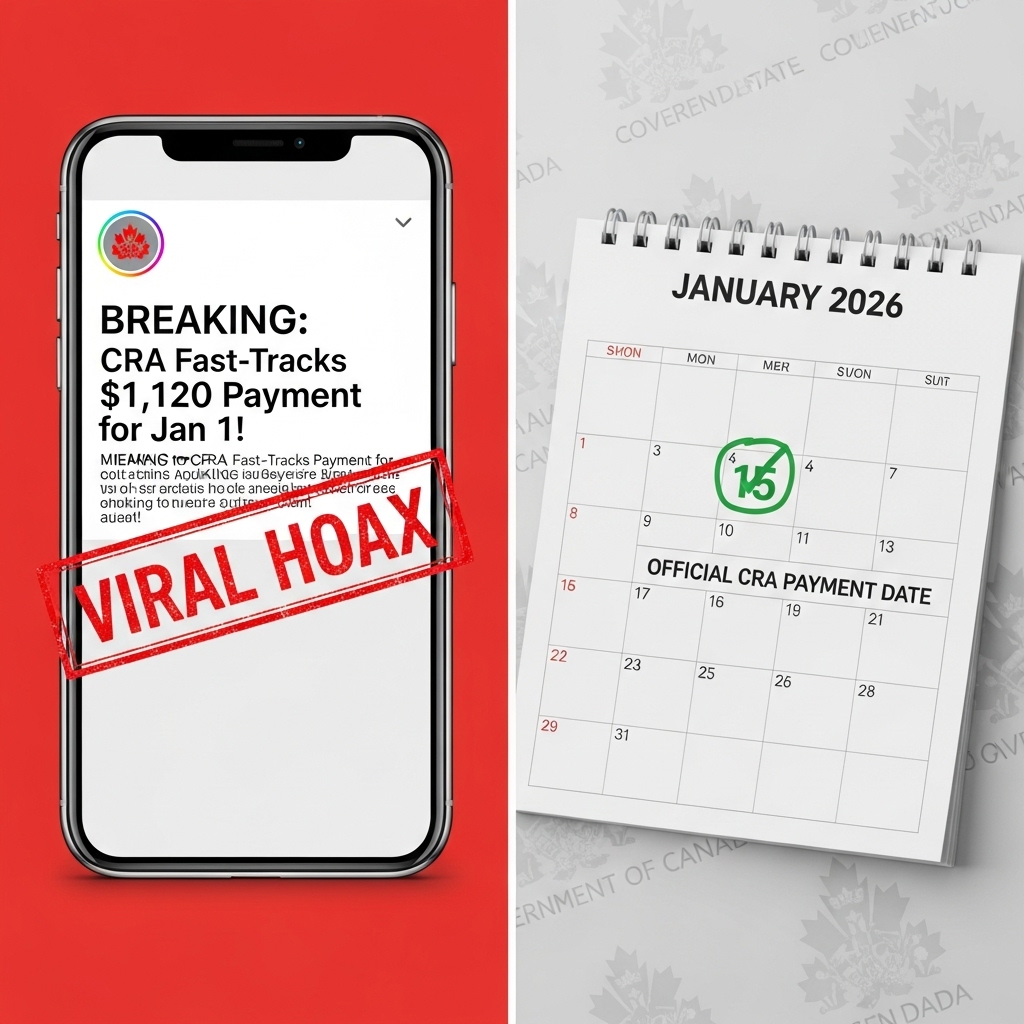 A split-screen comparison showing a viral social media post claiming a fake Jan 1st payment next to an official CRA calendar circling January 15, 2026.