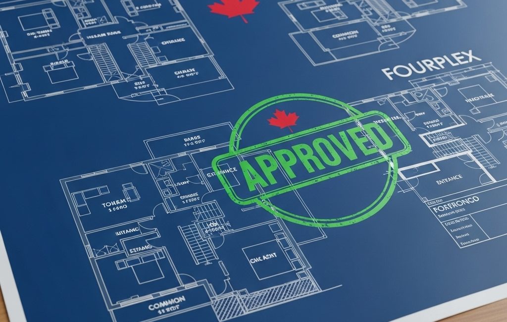 A split-screen illustration showing a real estate sign with a "Ban Extended to 2027" stamp next to a Housing Accelerator Fund blueprint approved for fourplex density.