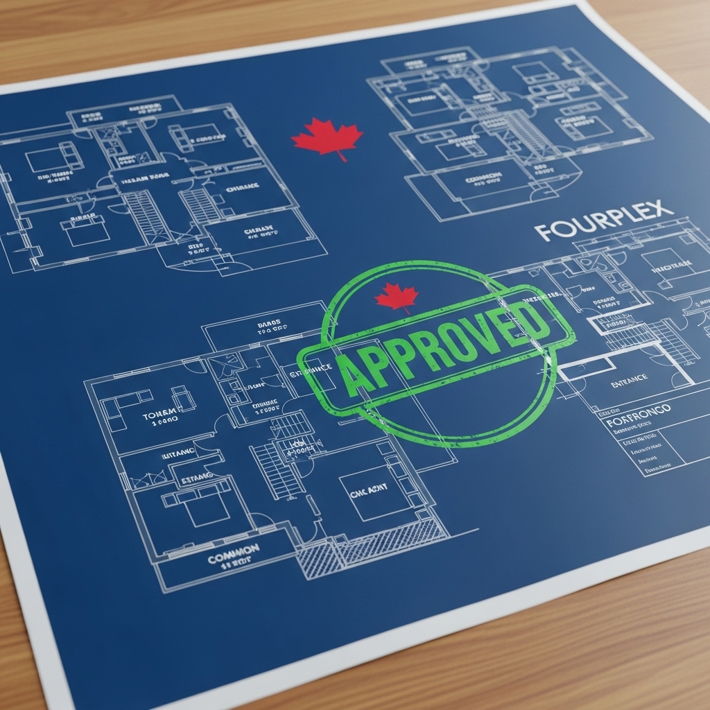 A split-screen illustration showing a real estate sign with a "Ban Extended to 2027" stamp next to a Housing Accelerator Fund blueprint approved for fourplex density.
