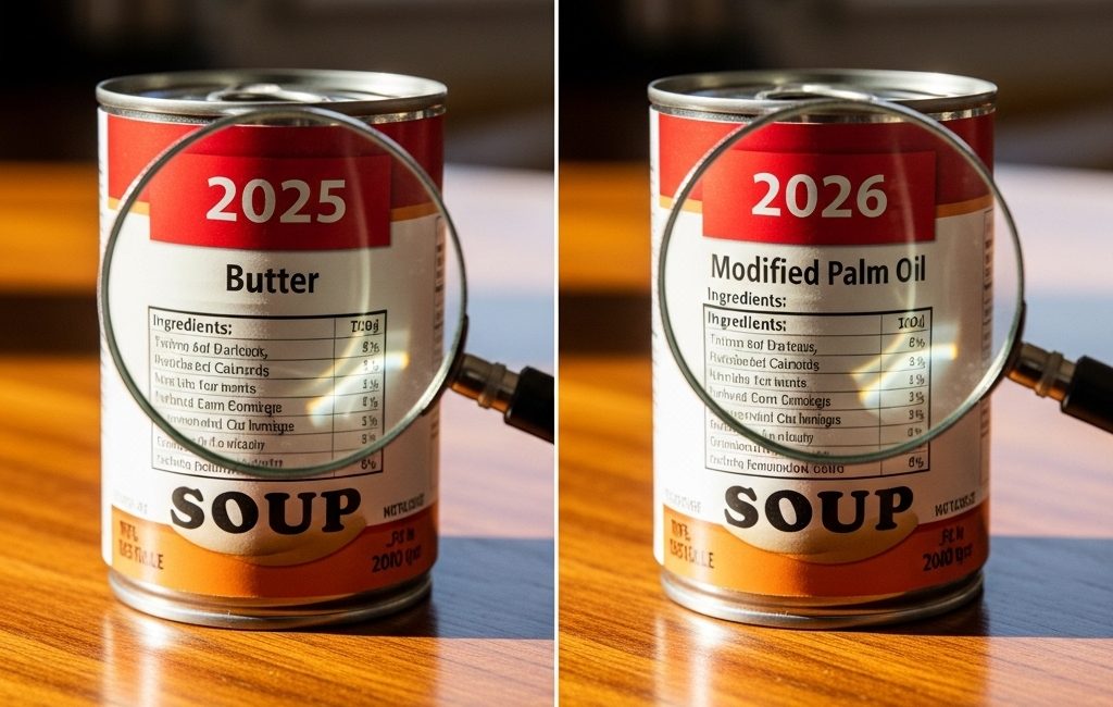 Comparison of food labels from 2025 vs 2026 showing Skimpflation: ingredients downgrading from butter to modified palm oil despite the new Canada Grocery Code of Conduct.