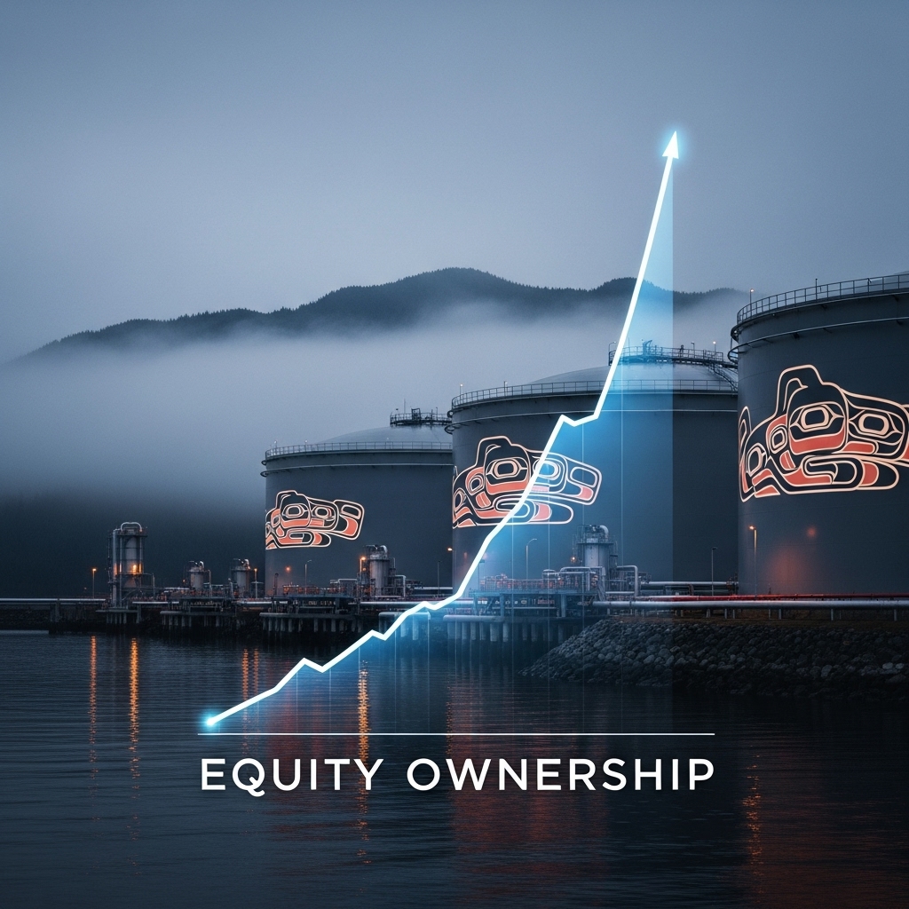 Conceptual rendering of the Ksi Lisims LNG terminal featuring traditional Nisga'a Formline art, symbolizing the shift to Indigenous equity ownership under the Canada Indigenous Loan Guarantee Corporation (CILGC).