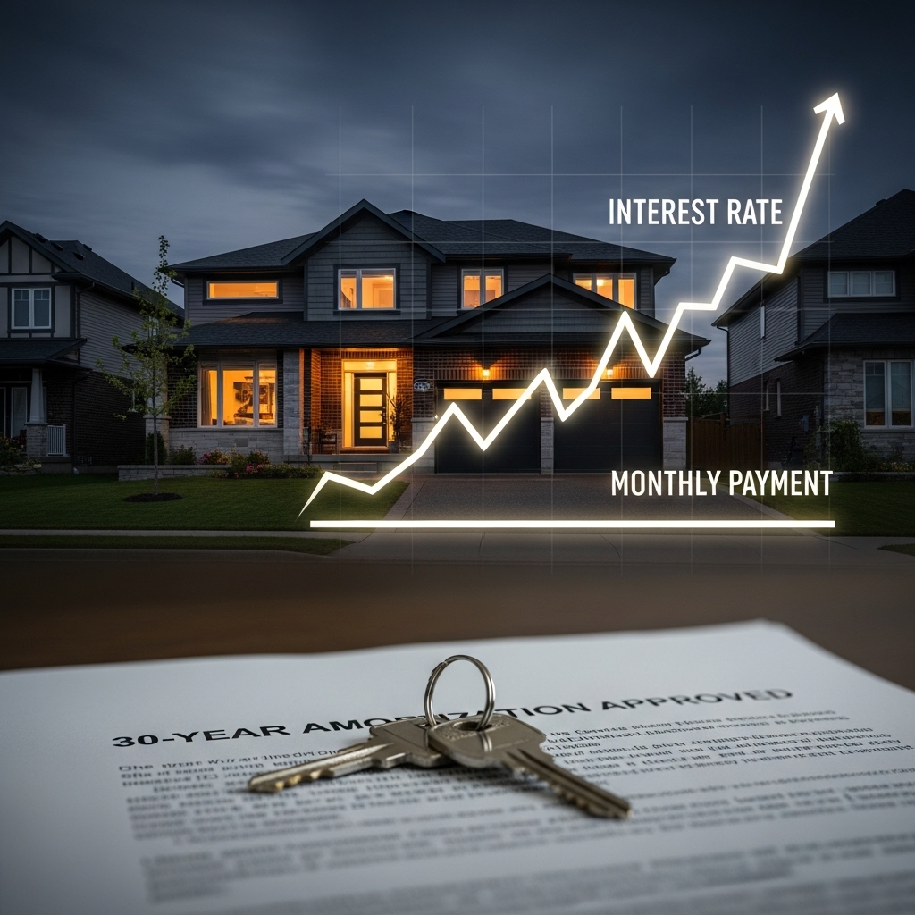 Illustration of the 2026 mortgage renewal cliff, featuring house keys on a "30-Year Amortization Approved" document, symbolizing how new federal rules are stabilizing monthly payments despite higher interest rates.