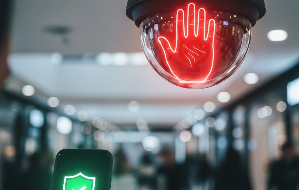 A security camera in a Canadian shopping mall blocked by a digital 'stop' signal, symbolizing new OPC privacy guidance, while a customer uses 1-to-1 biometric verification on a smartphone.