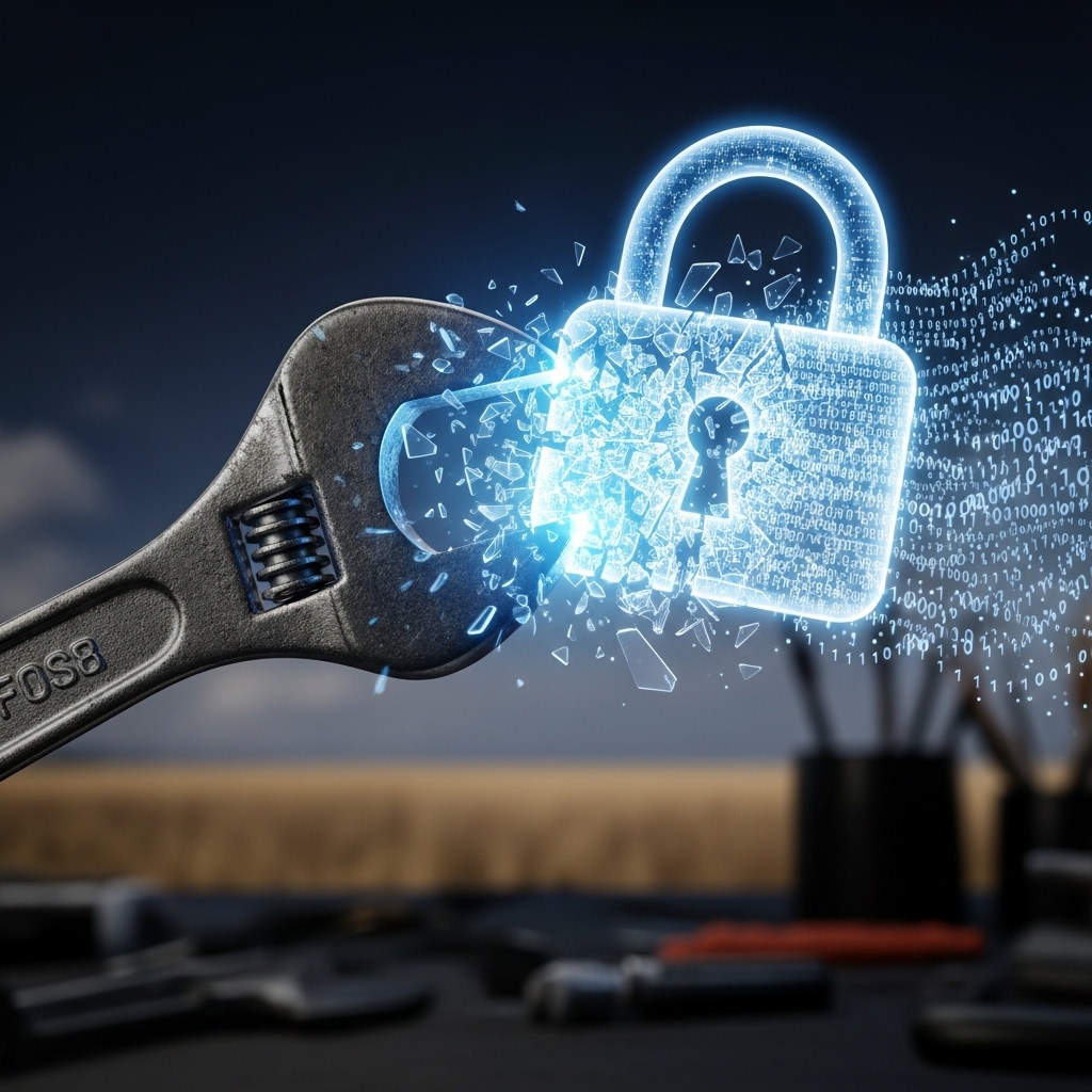 A conceptual illustration of a mechanic's wrench shattering a glowing digital padlock, symbolizing the legal right to bypass software locks under Canada's Bill C-244.