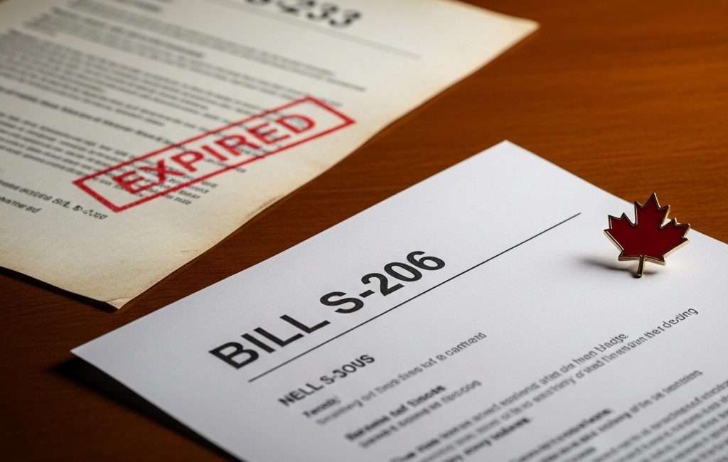 A comparison image showing a document labeled Bill S-233 stamped "Expired" next to a fresh document labeled Bill S-206, representing the new Guaranteed Livable Income legislation.