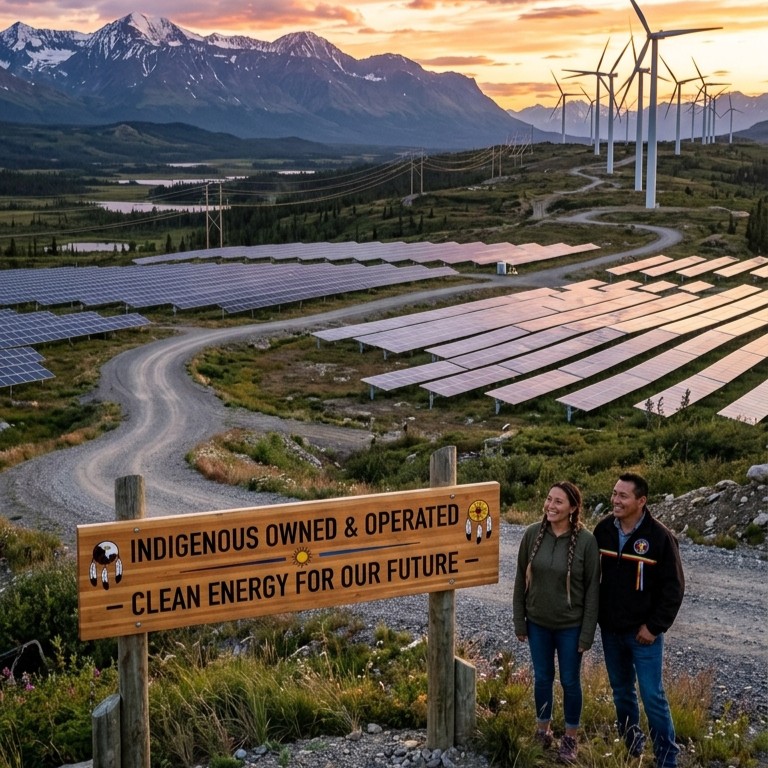 A vast solar farm and wind turbines in a rugged Canadian landscape, representing Indigenous-led clean energy projects and grid independence in 2026.