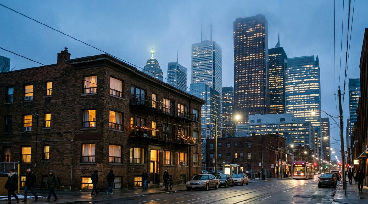 Older Canadian residential apartment building overshadowed by towering modern glass financial towers at twilight
