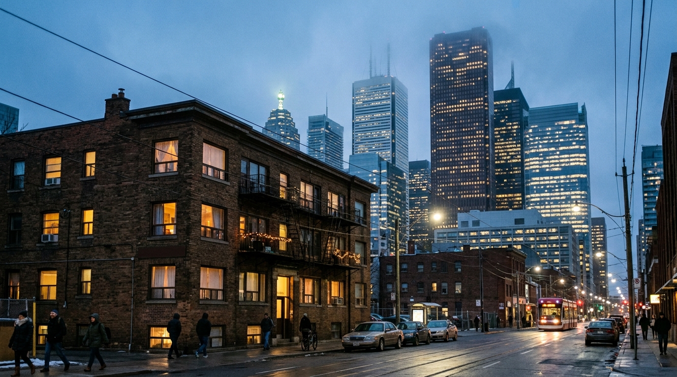 Older Canadian residential apartment building overshadowed by towering modern glass financial towers at twilight