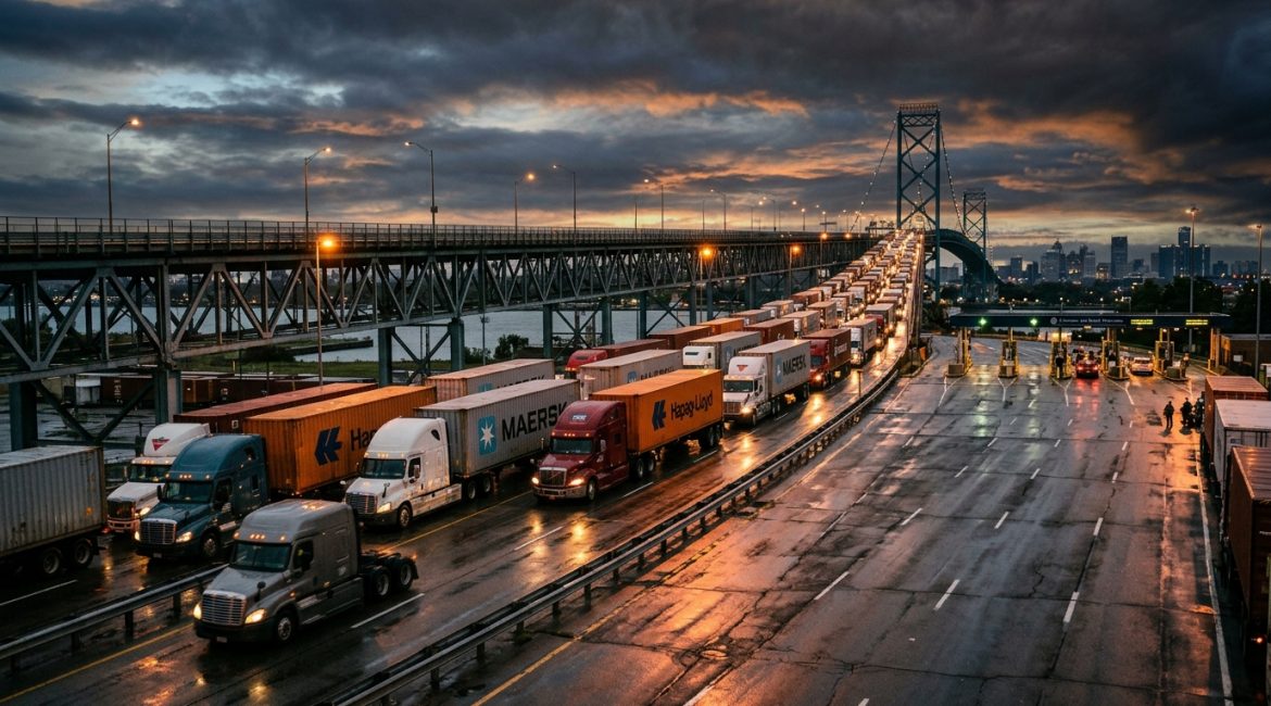 Commercial freight trucks queued at Canada-United States international border crossing under dramatic skies