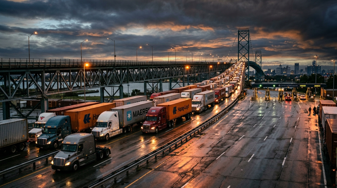 Commercial freight trucks queued at Canada-United States international border crossing under dramatic skies