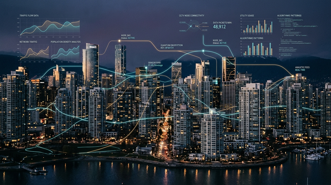 Surveillance data network and pricing telemetry graphs overlaid over modern high-rise city apartments at dusk